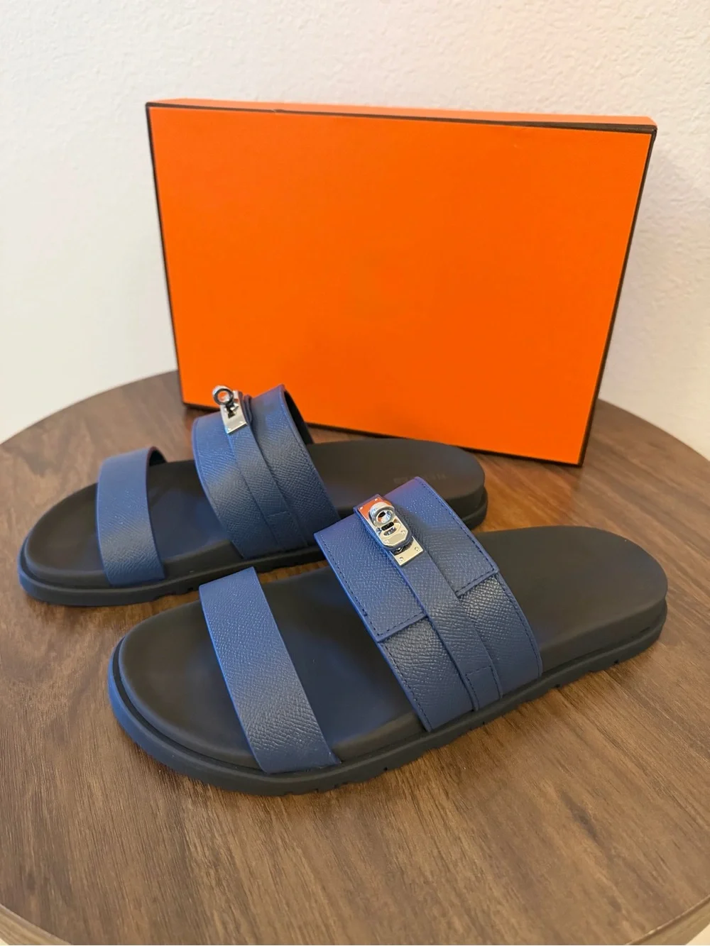 Blue Leather Double-Strap Slide Sandals